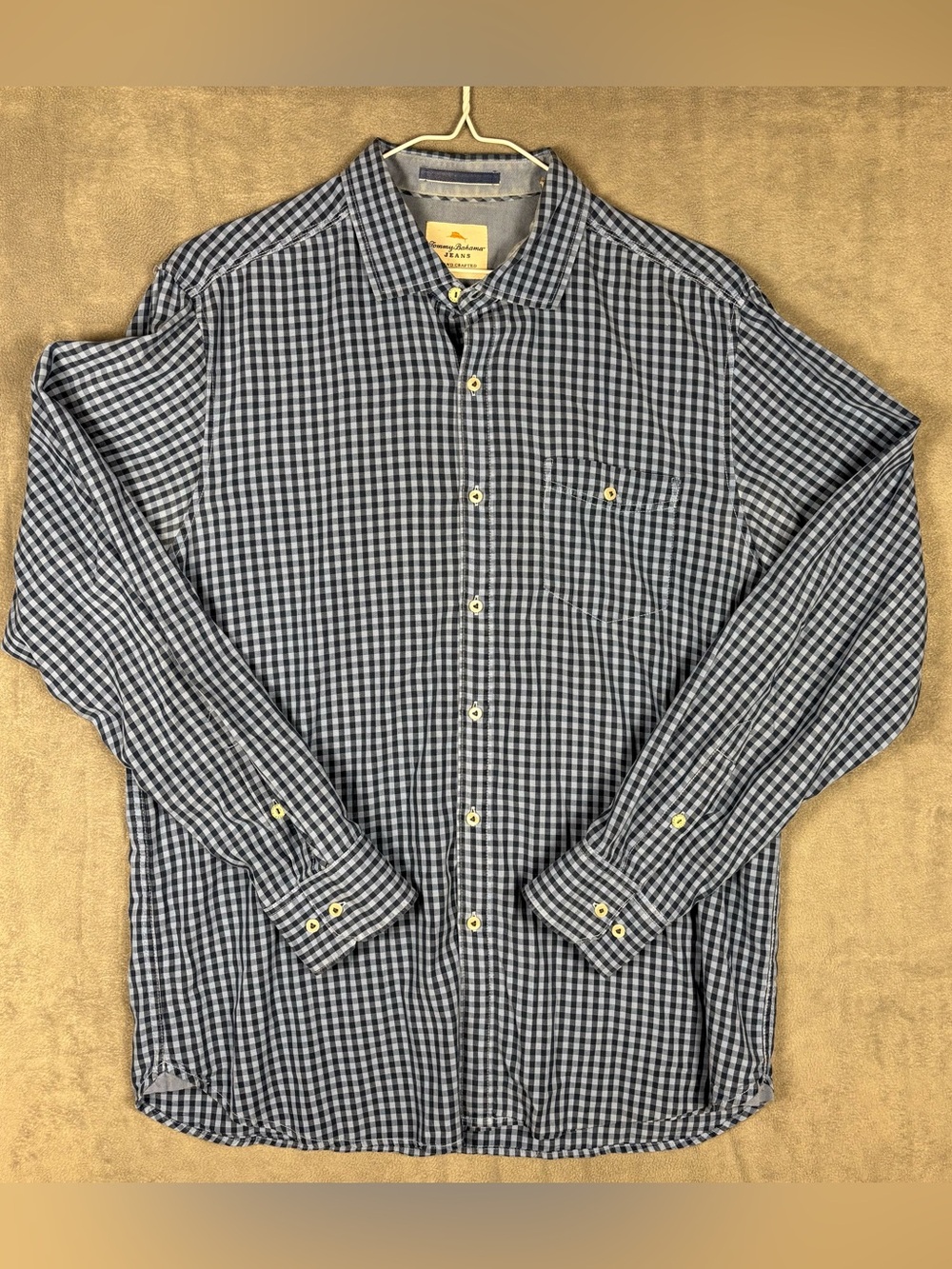 Tommy Bahama Jeans Mens Large Blue Gingham Check Long Sleeve Tencel Shirt